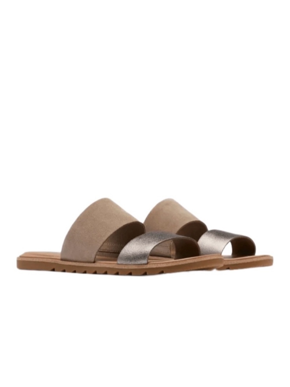 Sorel Ella II Slide Sandals Women’s Two Strap Leather Tan & Metallic Size 8